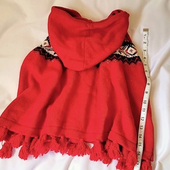 EUC LANDS' END Wool Hooded Poncho Cape Fair Isle Cozy Sweater Red - Picture 2 of 4